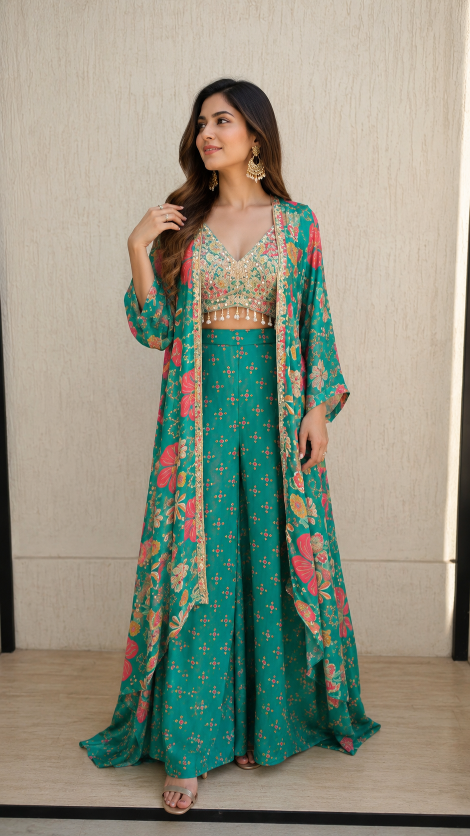 Teal Floral Crepe Co-Ord Set with Embellished Blouse & Long Shrug