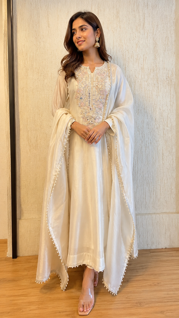 Ivory Tissue Embroidered Anarkali Set