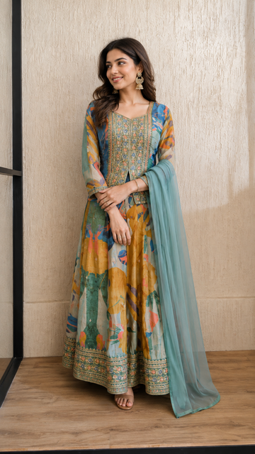 Multicolour Tissue Shimmer Embroidered Anarkali Set