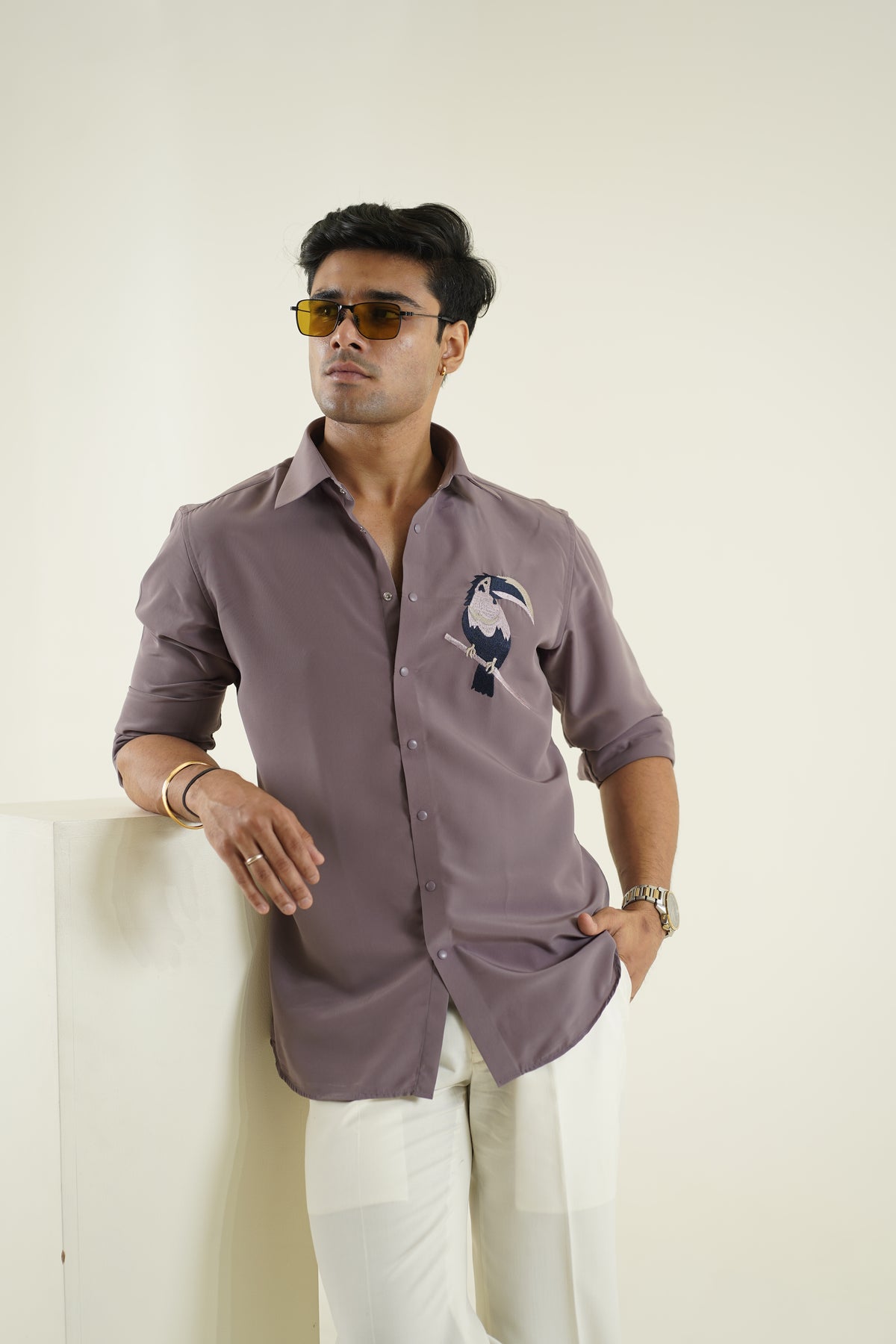 Mauve Bird Embroidered Shirt