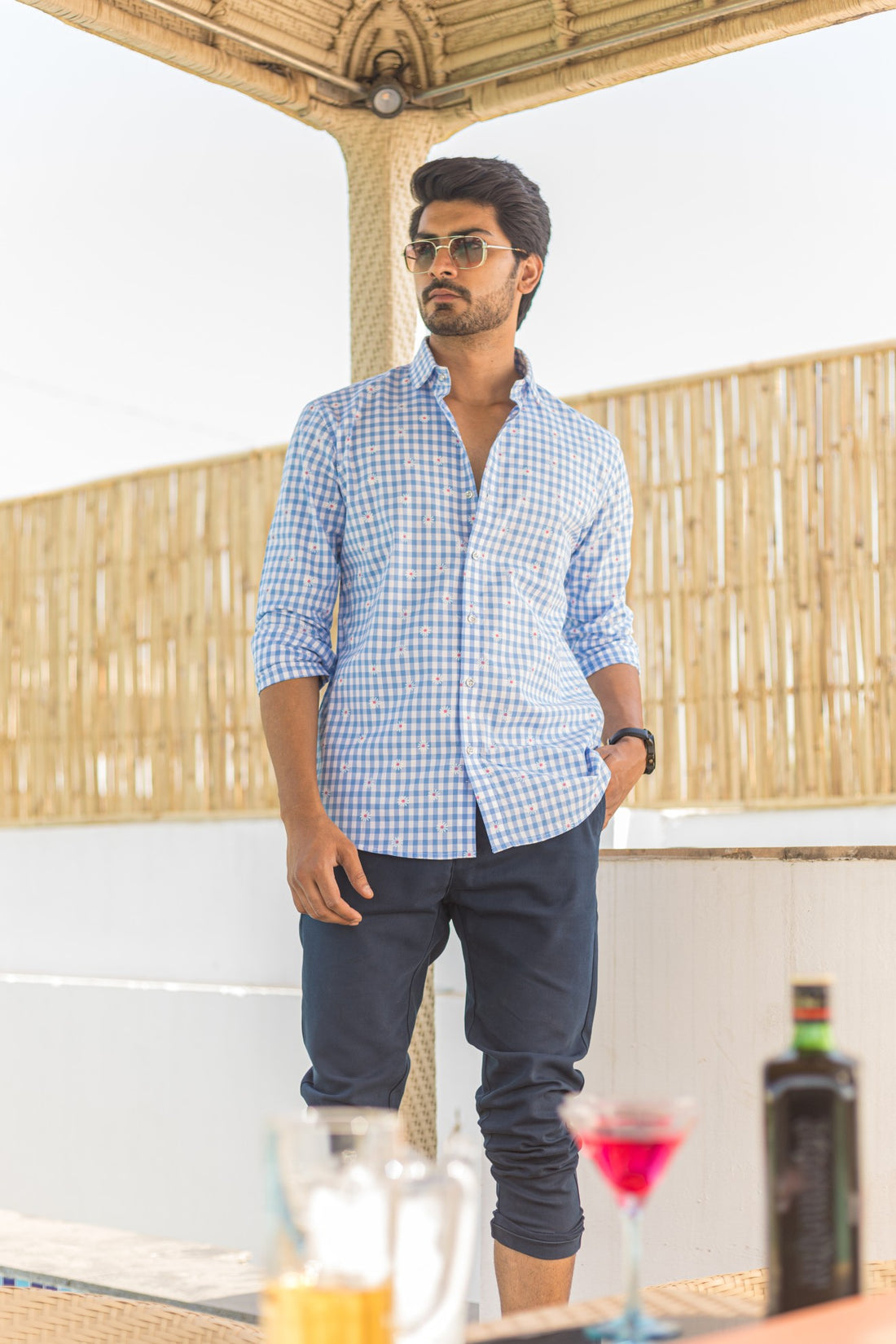 Blue & White Checks with Flowers