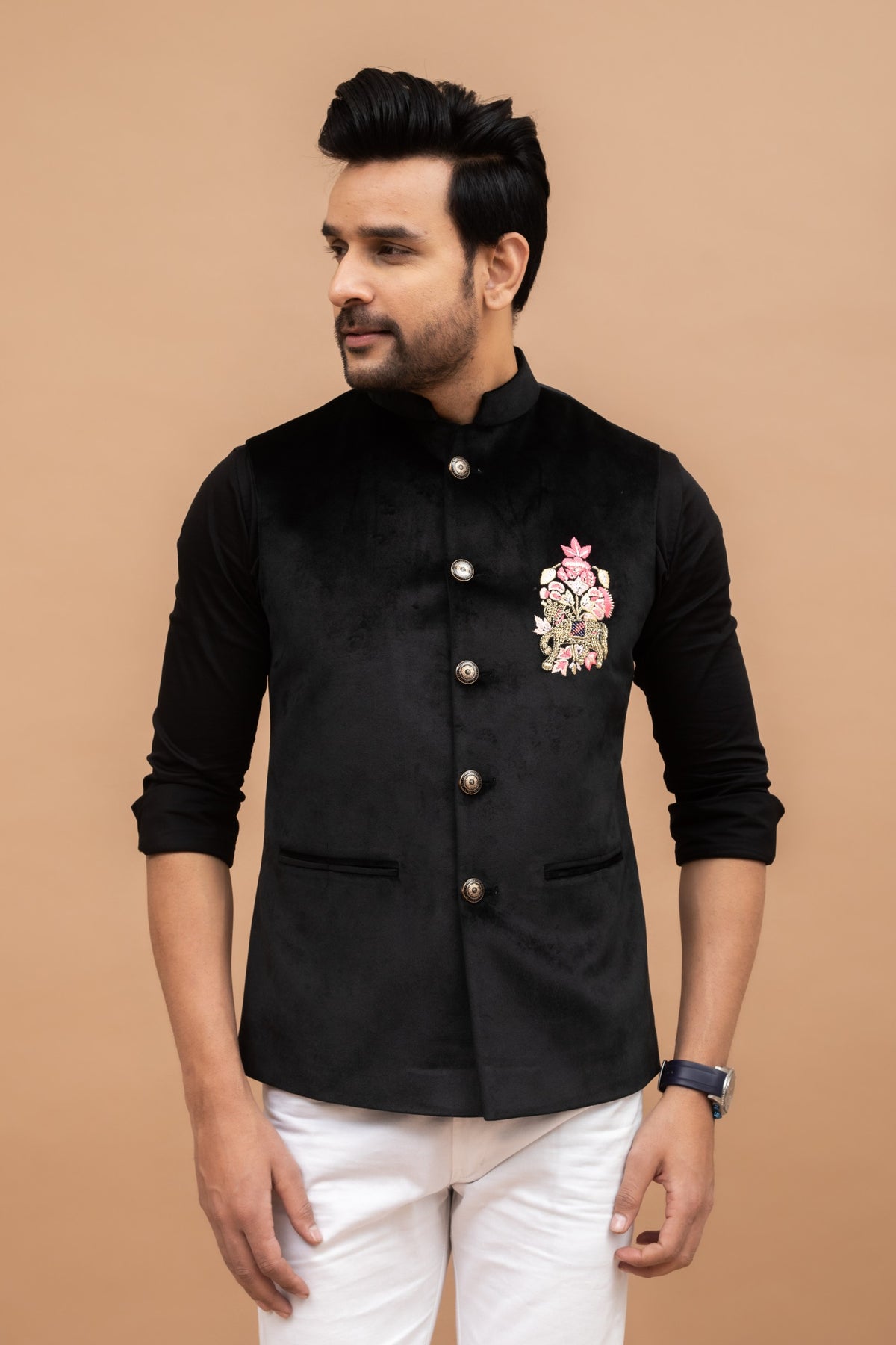 Black Velvet Handwork Nehru Jacket