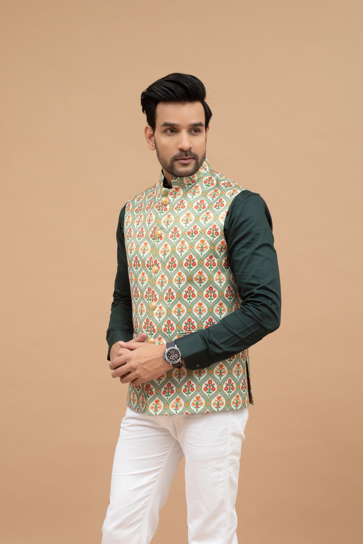 Mint Green Floral Nehru Jacket