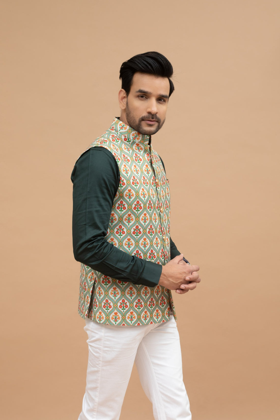 Mint Green Floral Nehru Jacket
