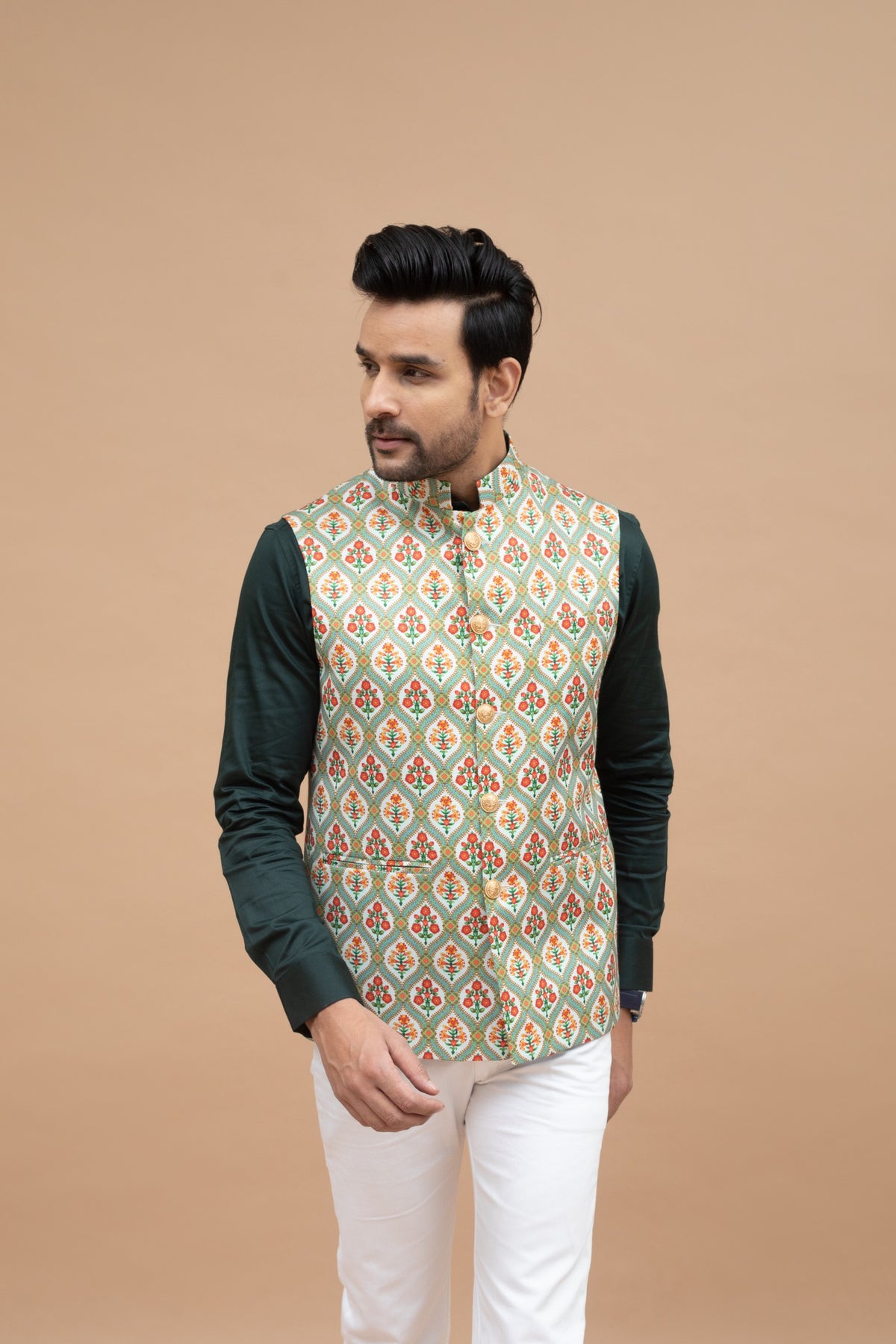 Mint Green Floral Nehru Jacket