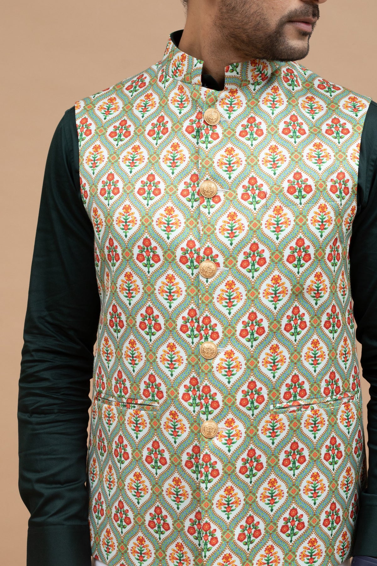 Mint Green Floral Nehru Jacket