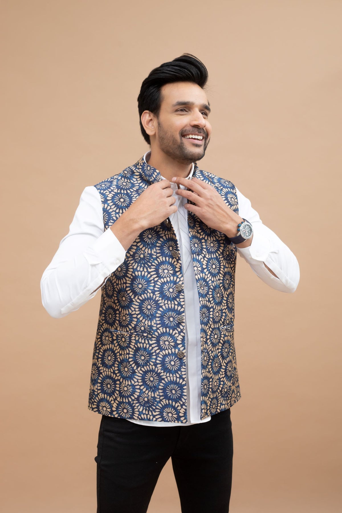 Blue Cotton Silk with Baze Print Nehru Jacket