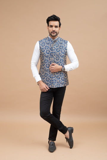 Blue Cotton Silk with Baze Print Nehru Jacket