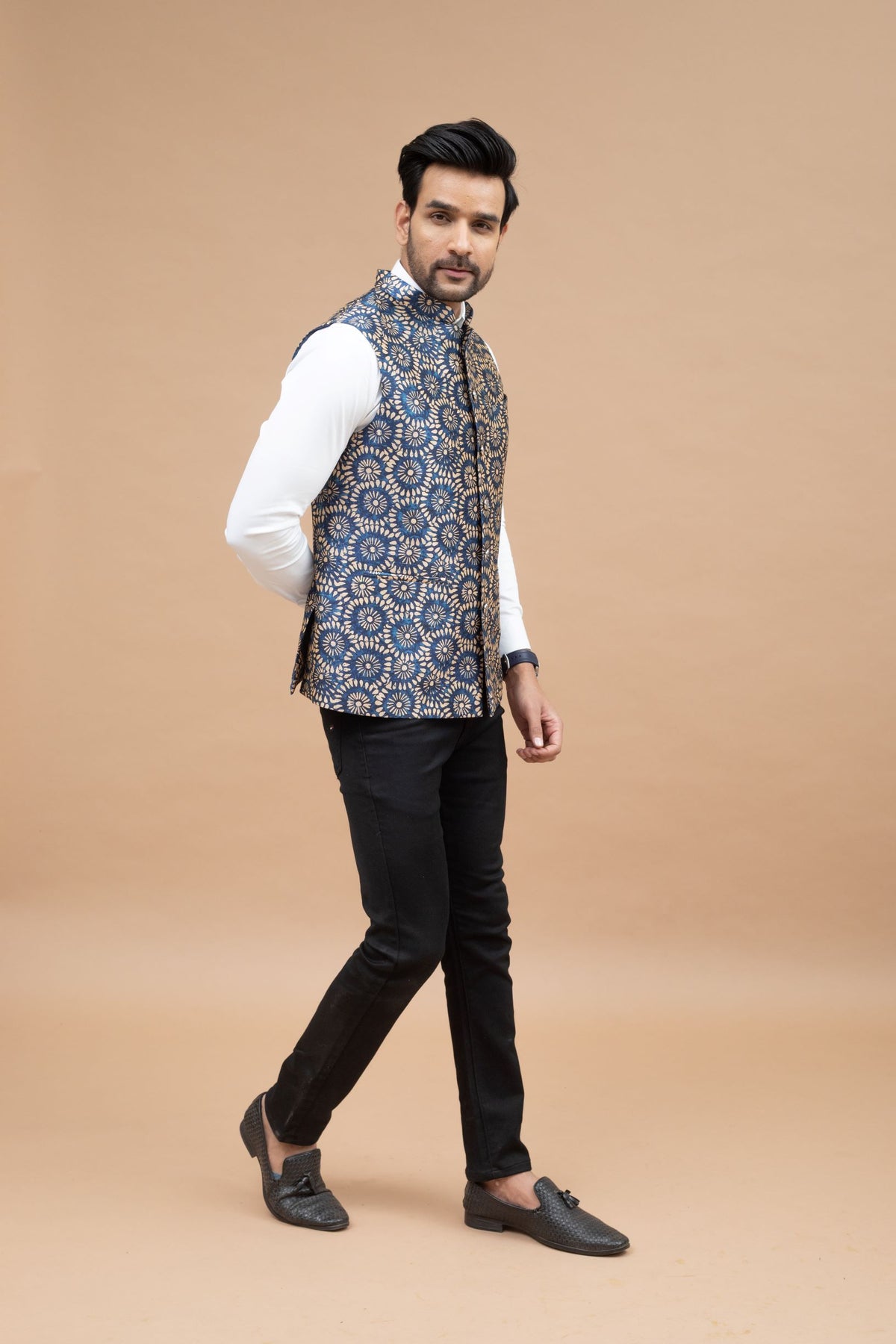 Blue Cotton Silk with Baze Print Nehru Jacket