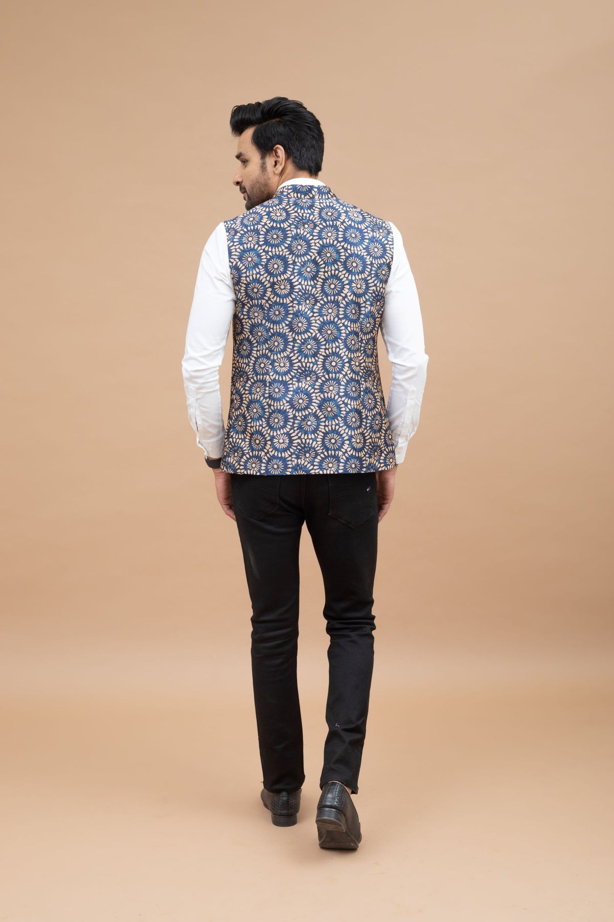 Blue Cotton Silk with Baze Print Nehru Jacket