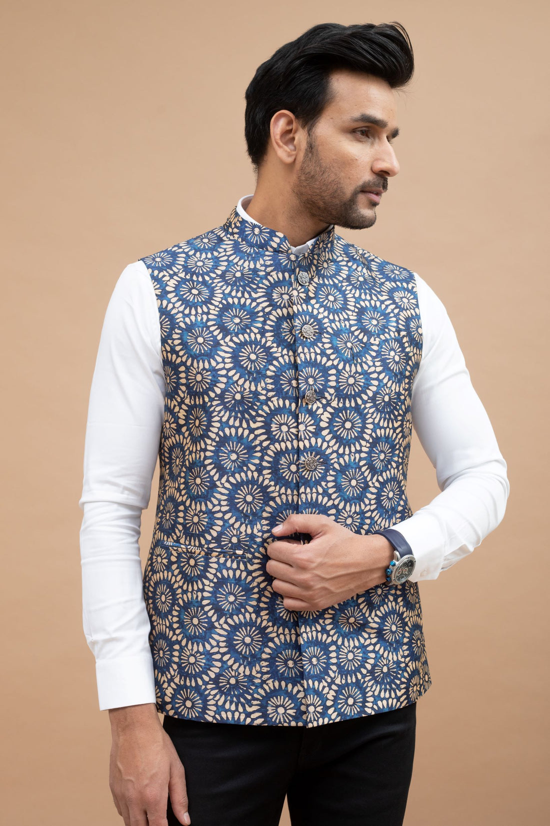 Blue Cotton Silk with Baze Print Nehru Jacket