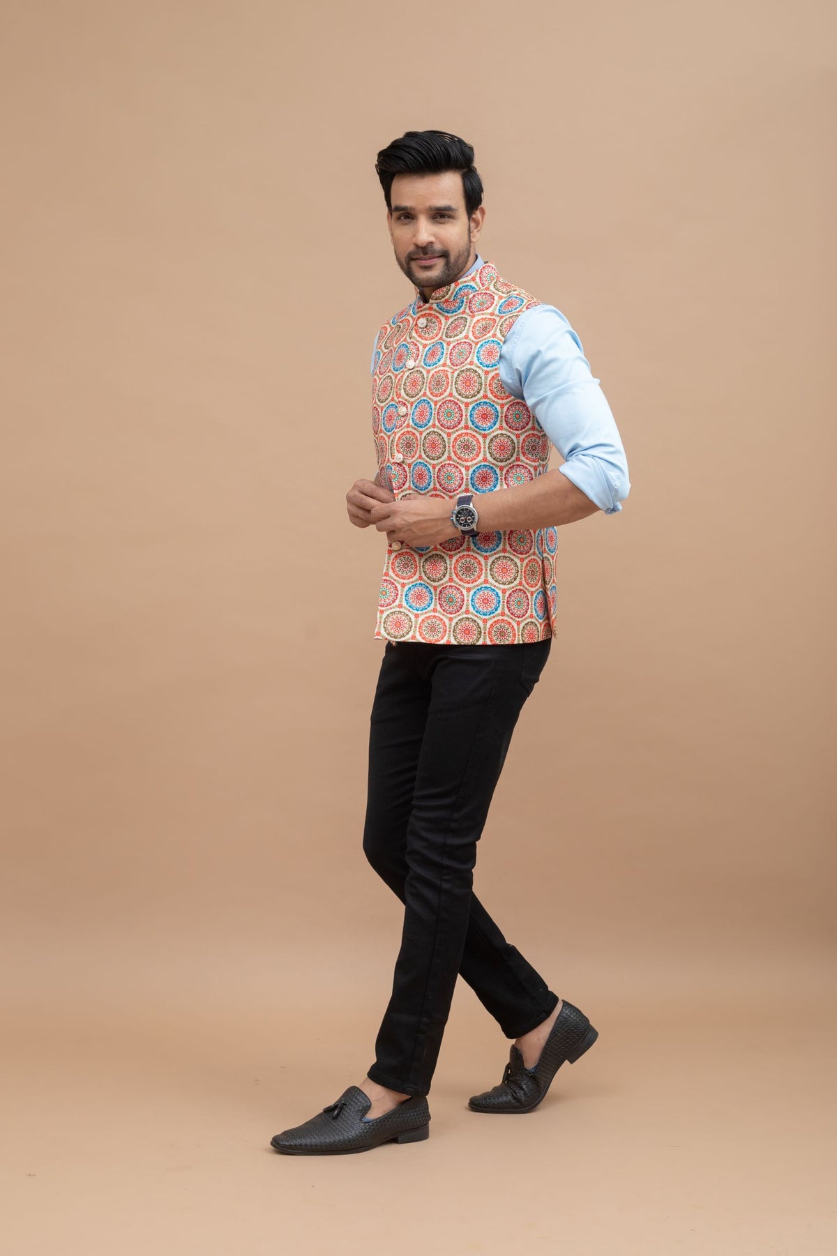 Button Print Nehru Jacket