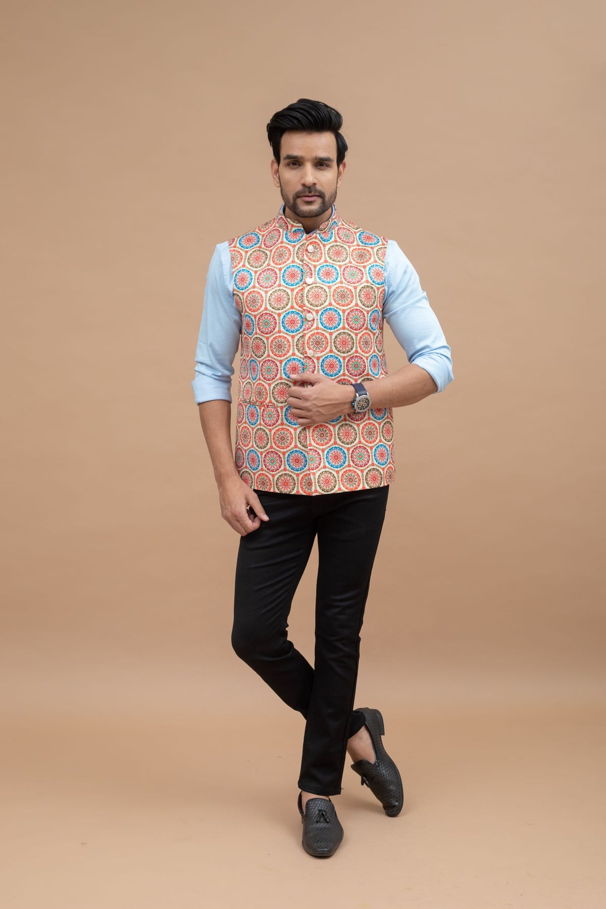 Button Print Nehru Jacket