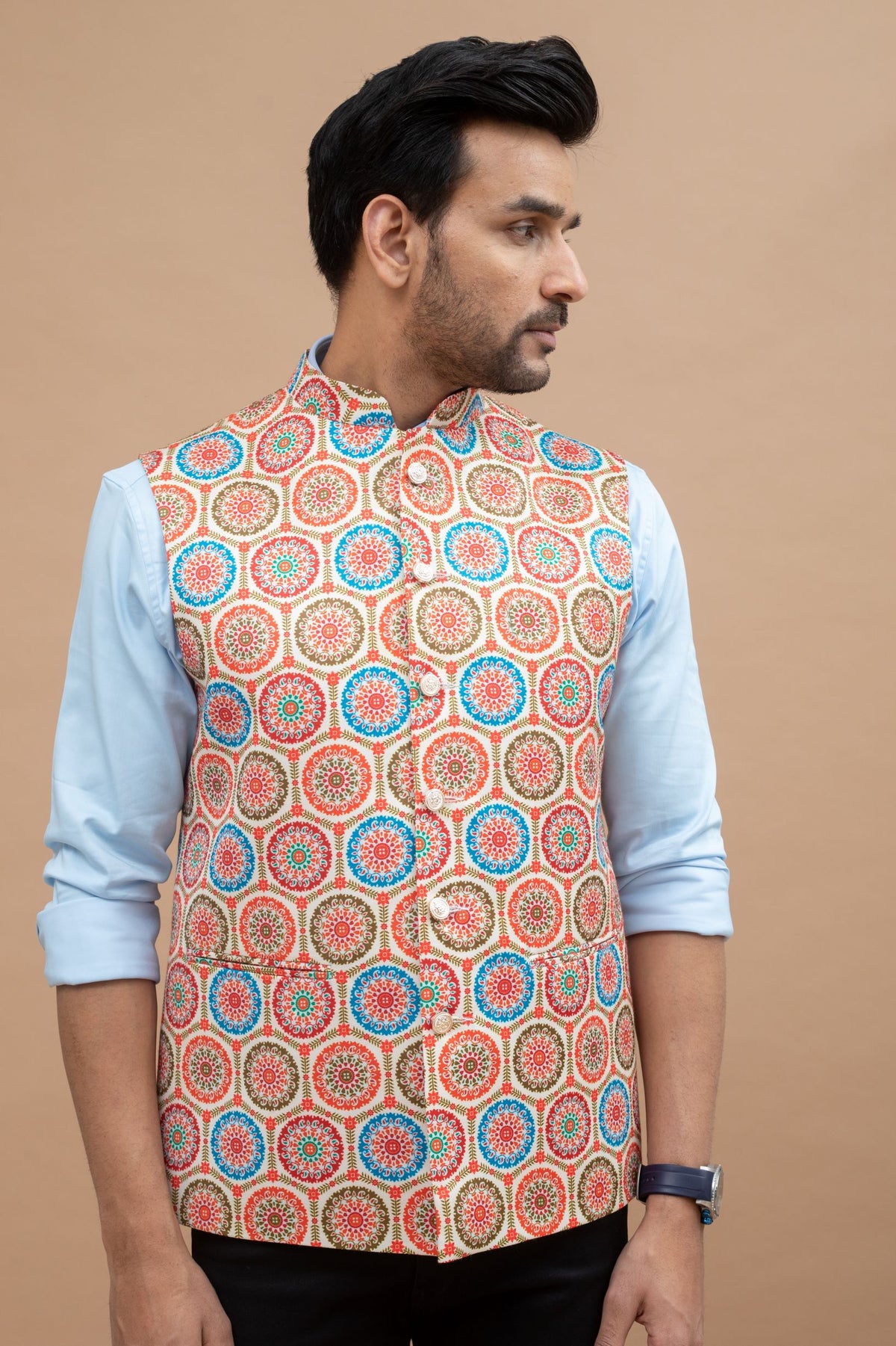 Button Print Nehru Jacket