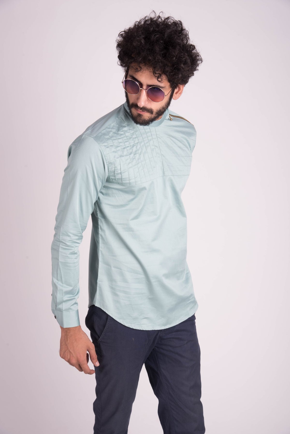 Mint Pintucks Zip Shirt