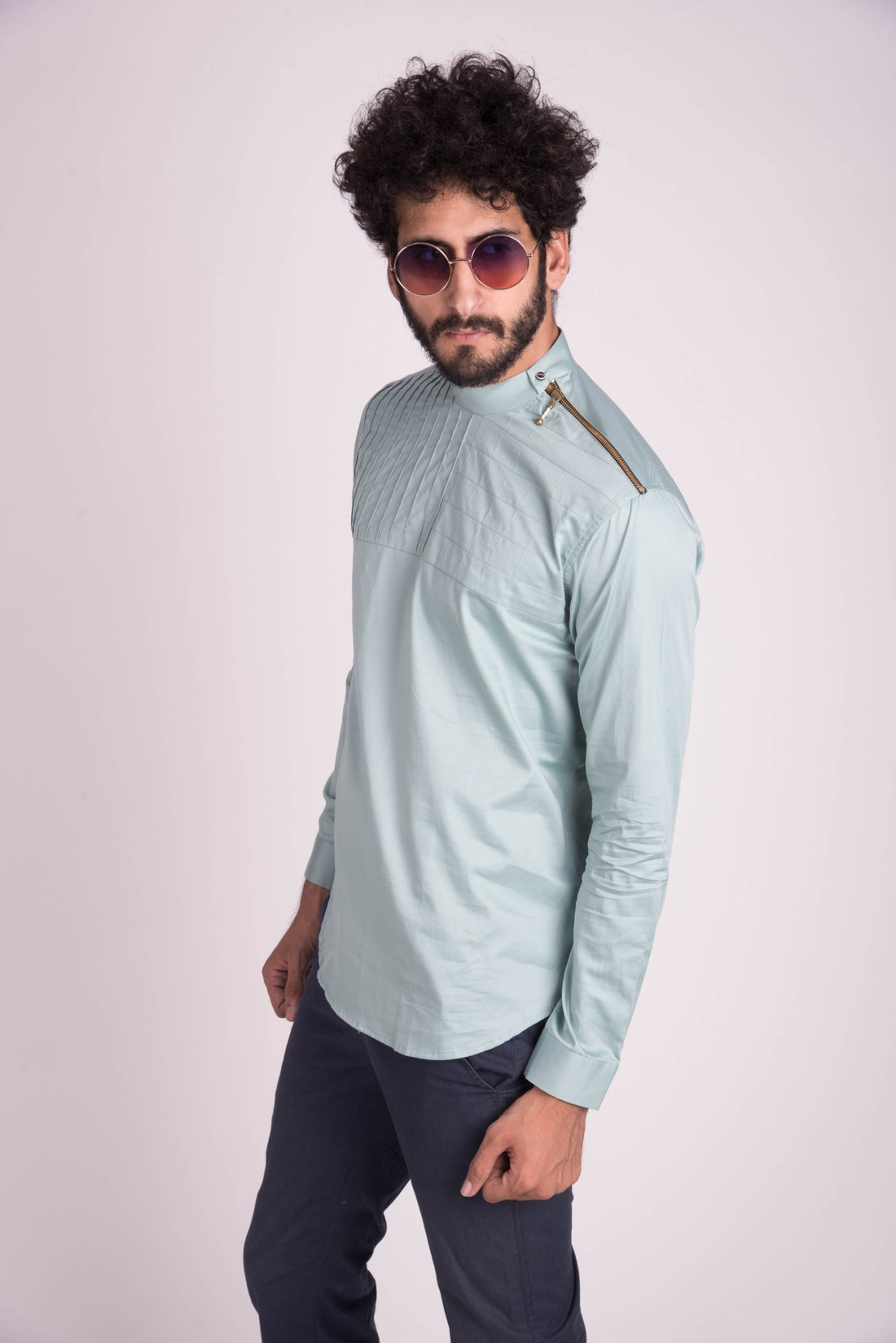 Mint Pintucks Zip Shirt