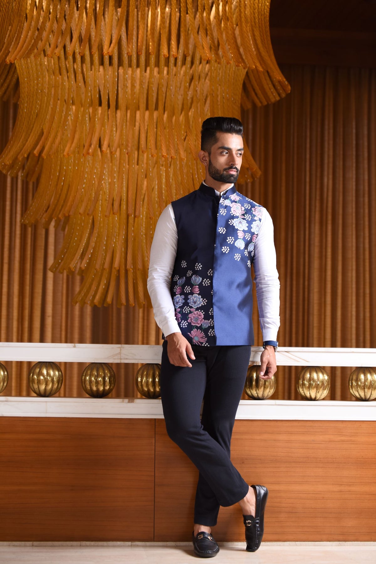 Blue Nehru Jacket with Floral Print