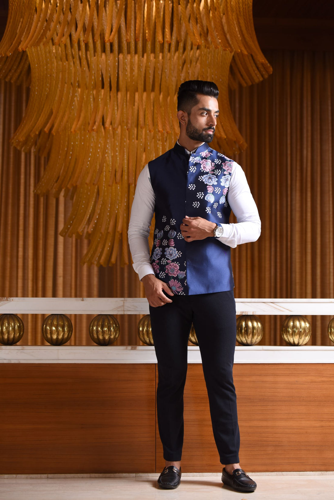 Blue Nehru Jacket with Floral Print