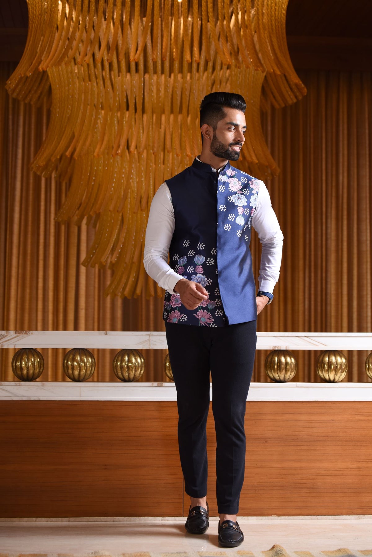 Blue Nehru Jacket with Floral Print