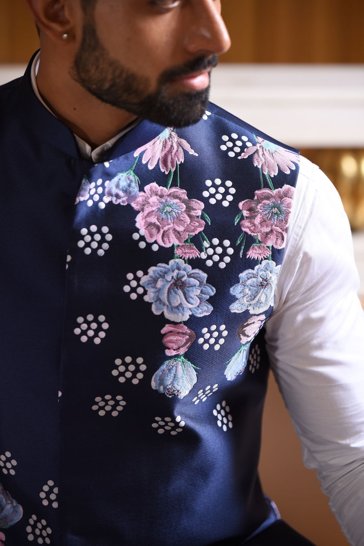 Blue Nehru Jacket with Floral Print