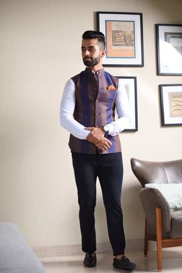 Blue & Brown Strip Print Nehru Jacket