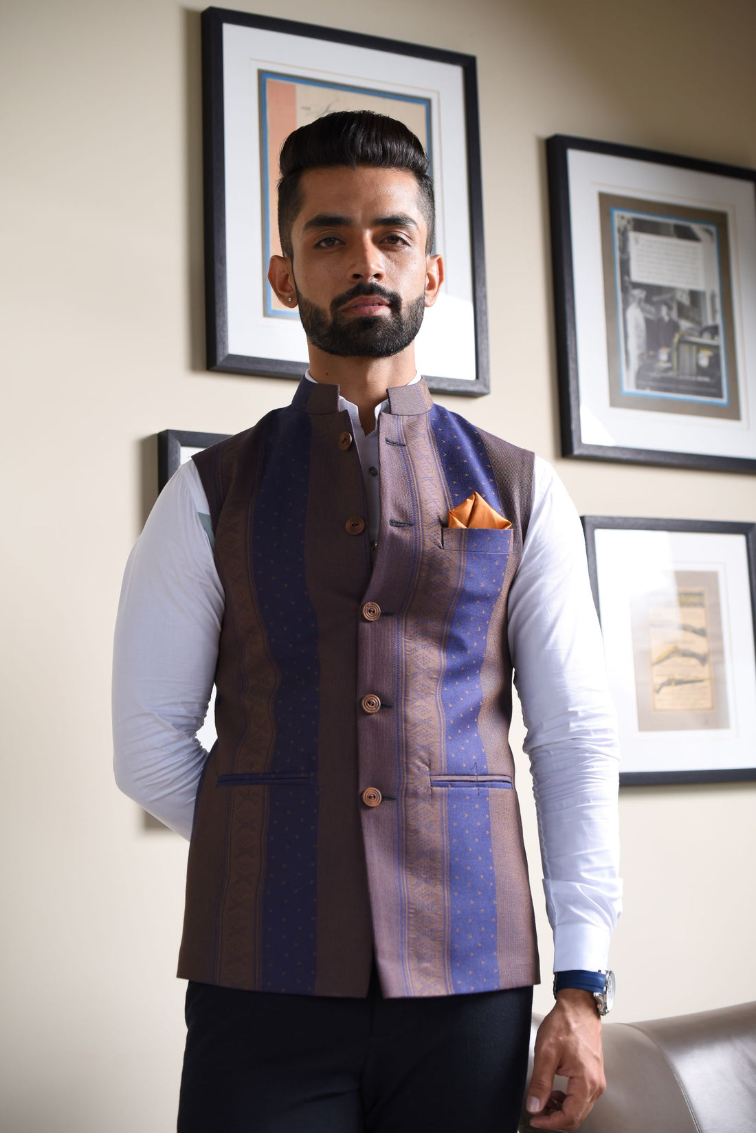 Blue & Brown Strip Print Nehru Jacket
