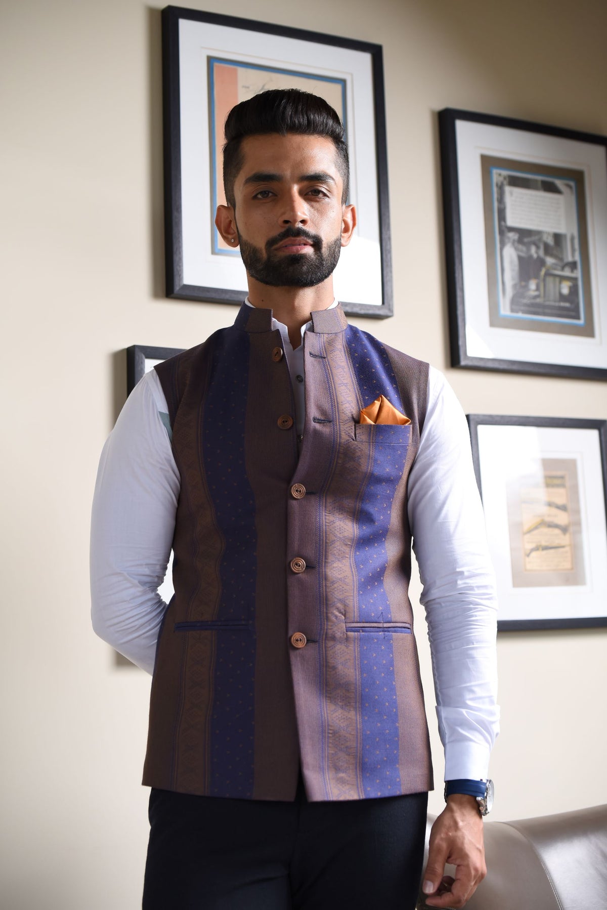 Blue & Brown Strip Print Nehru Jacket