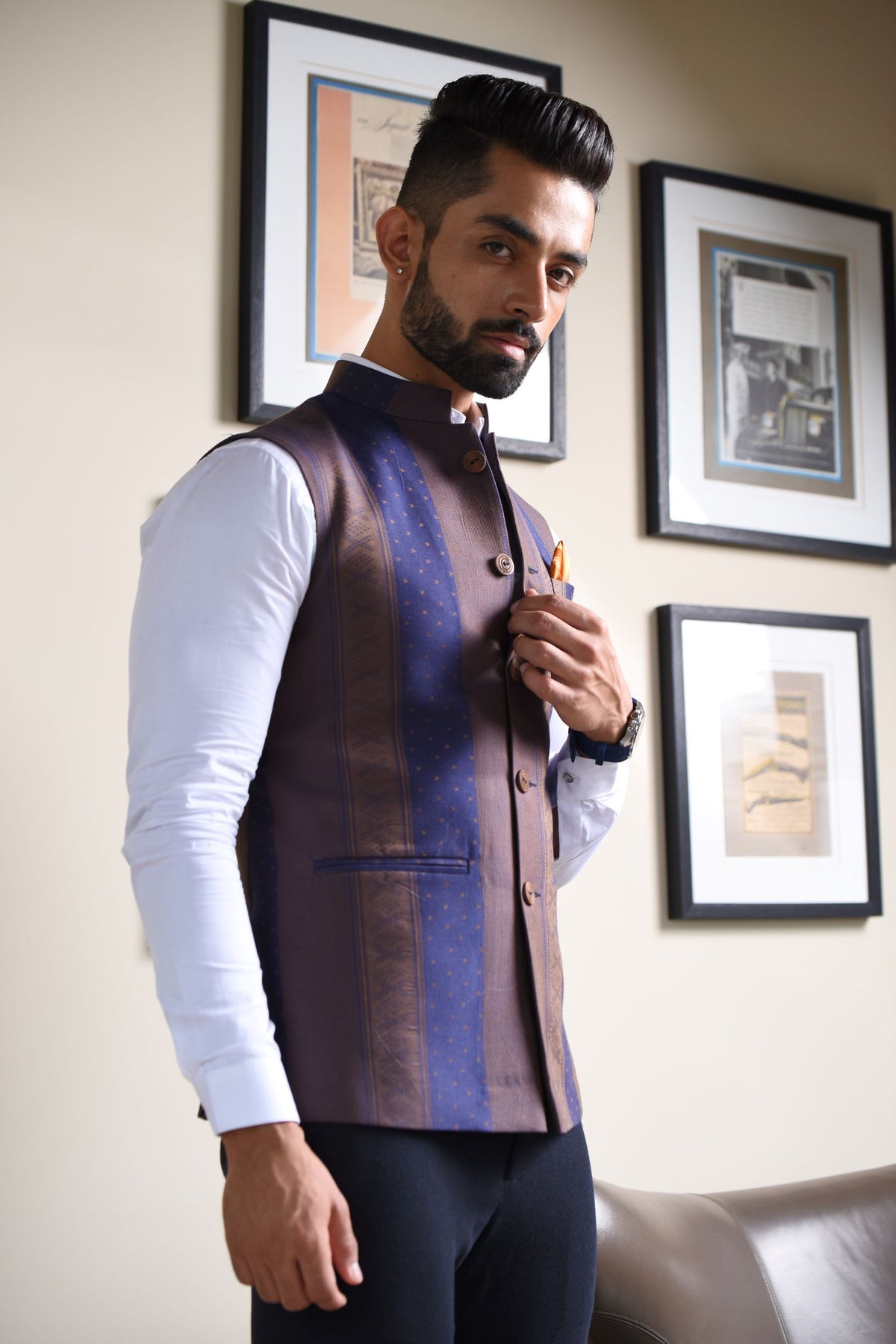 Blue & Brown Strip Print Nehru Jacket