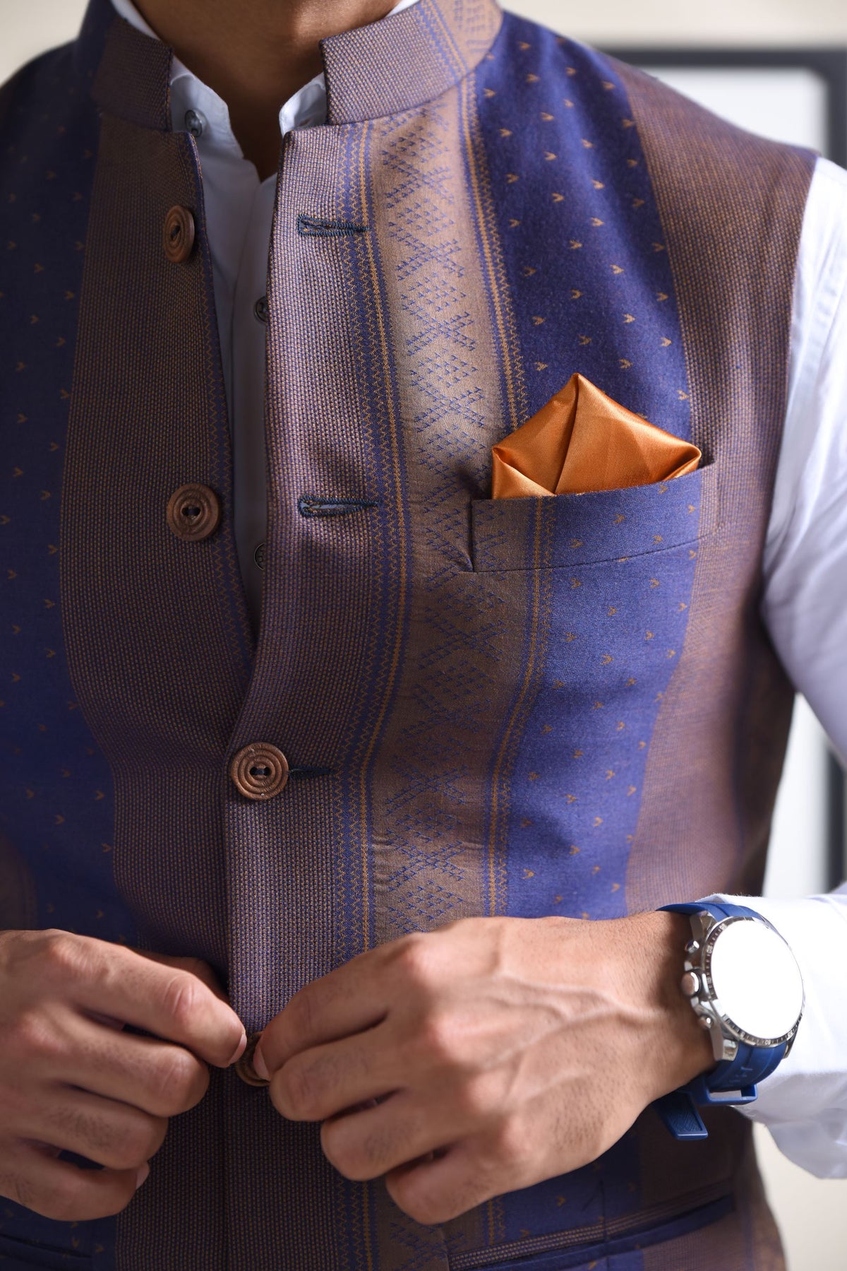 Blue & Brown Strip Print Nehru Jacket