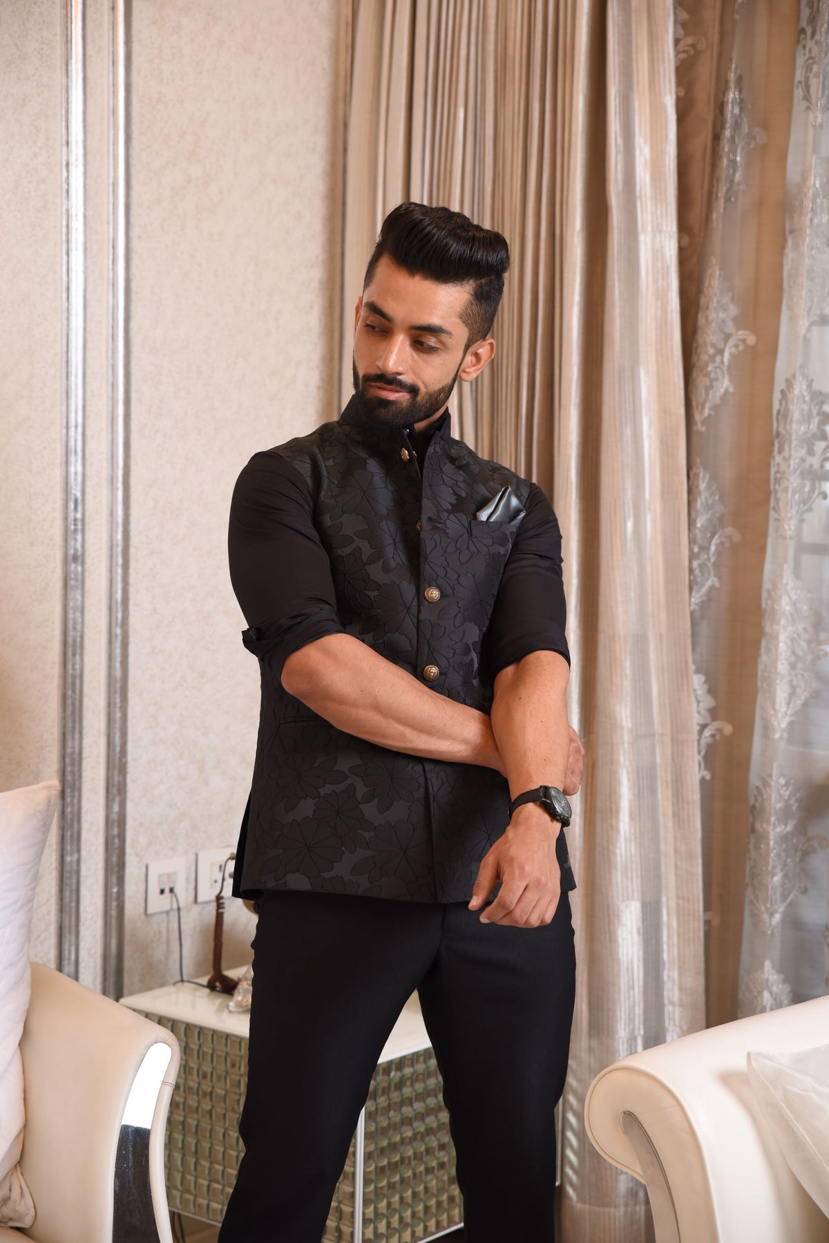 Black Embossed Nehru Jacket