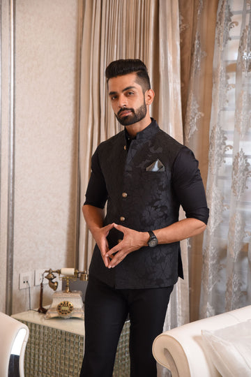 Black Embossed Nehru Jacket