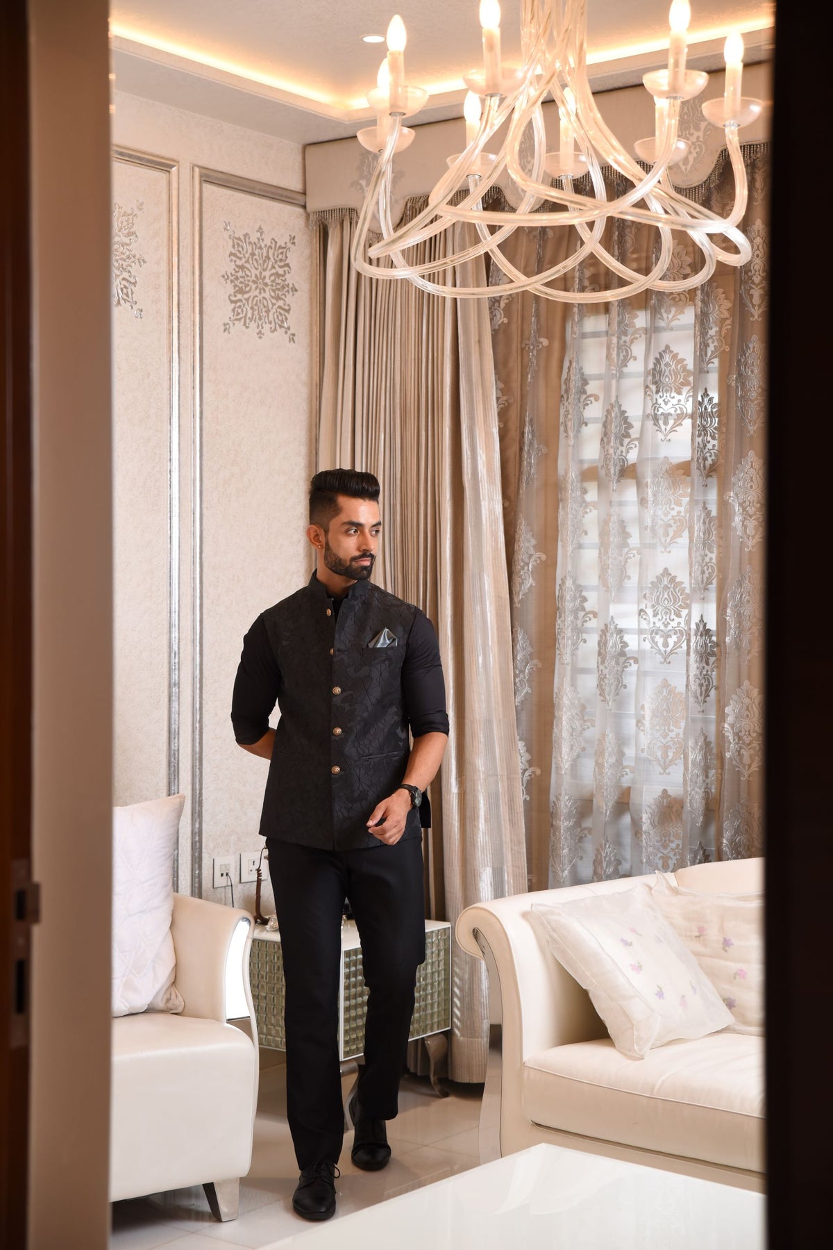 Black Embossed Nehru Jacket