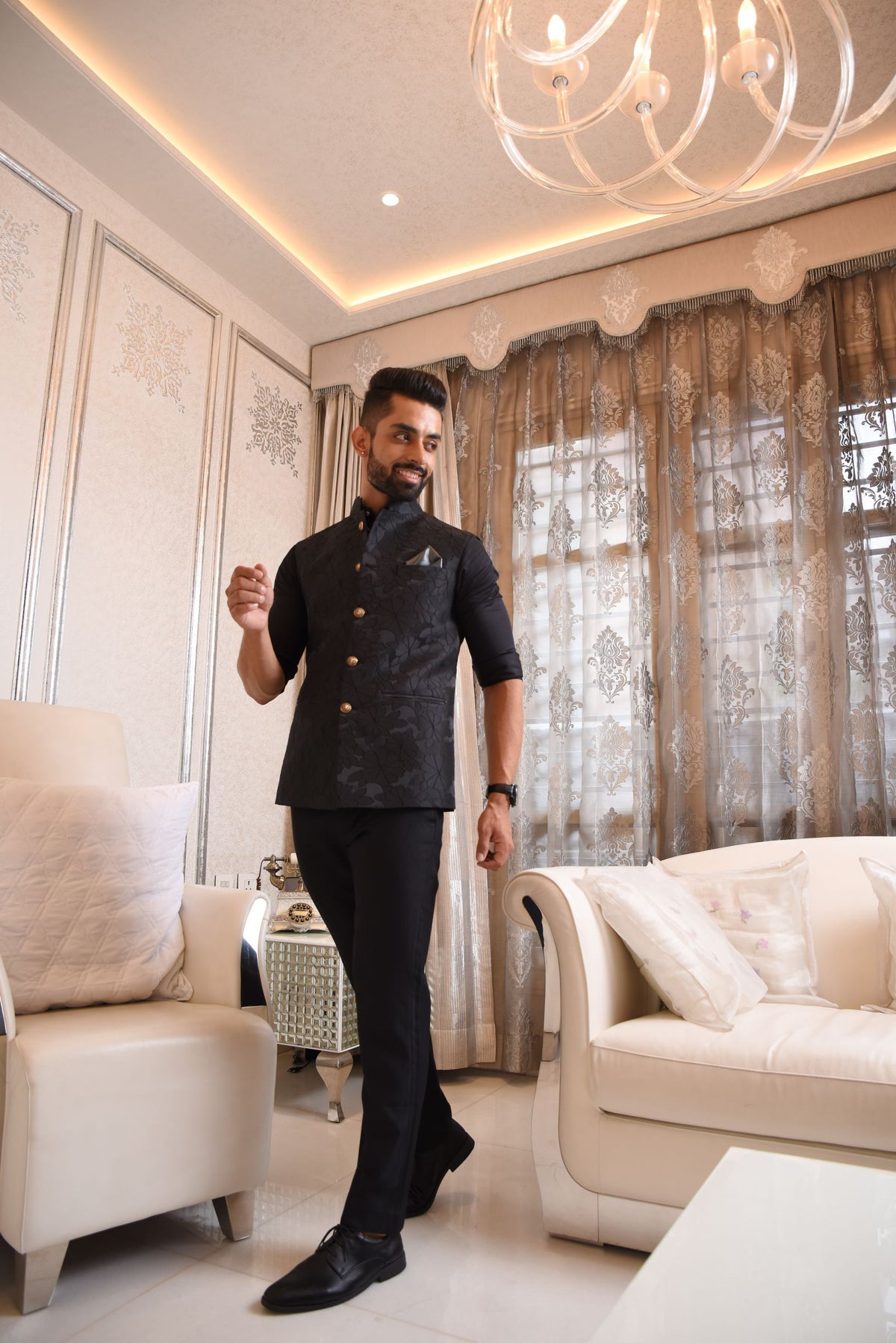 Black Embossed Nehru Jacket