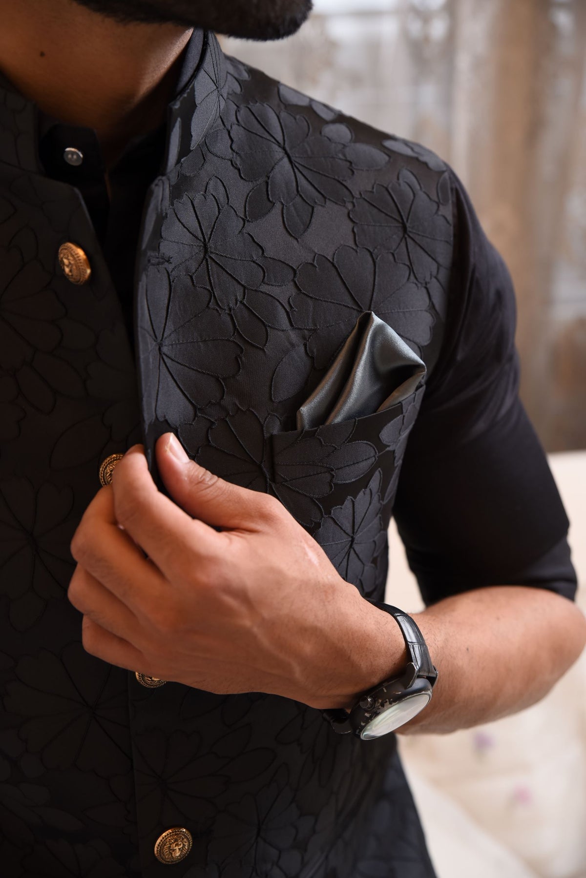 Black Embossed Nehru Jacket